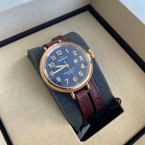 Shinola Birdy 34mm, Navy blue with Rose gold. Double wrap strap